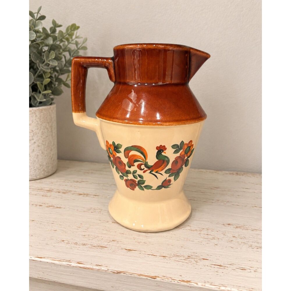 Vintage Rooster Floral Stoneware Pitcher